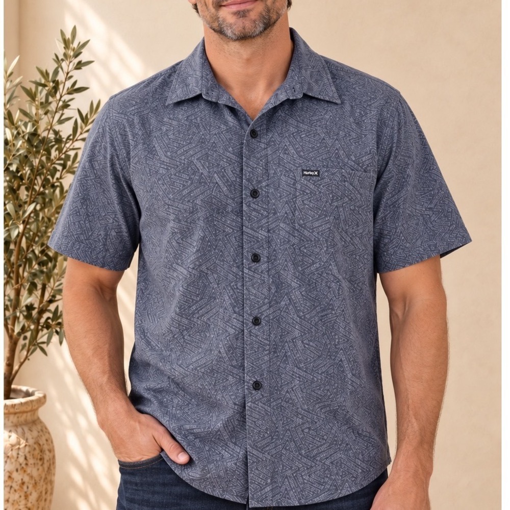 Hurley Mens XL Grey Geometric Print Short Sleeve Cotton Button Up Shirt